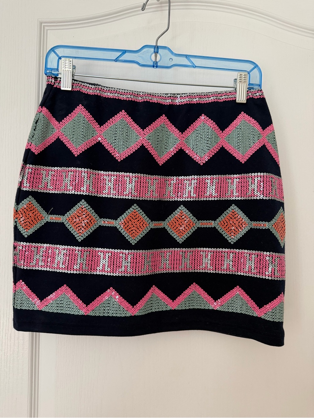 Women's Black Sequin Mini Skirt with Pink & Green Geometric Pattern